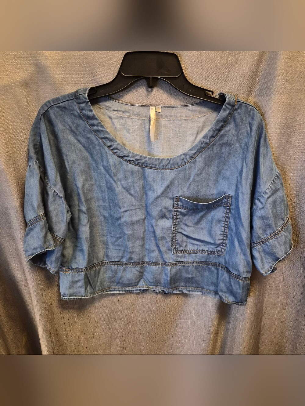 Casual Blue Denim Crop Top with Pocket - Women's SMALL